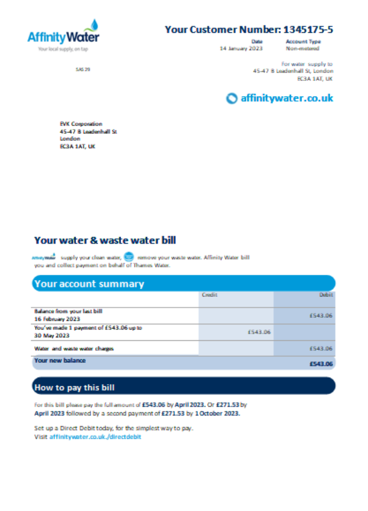 Affinity Water utility business bill,  SCR PSD template